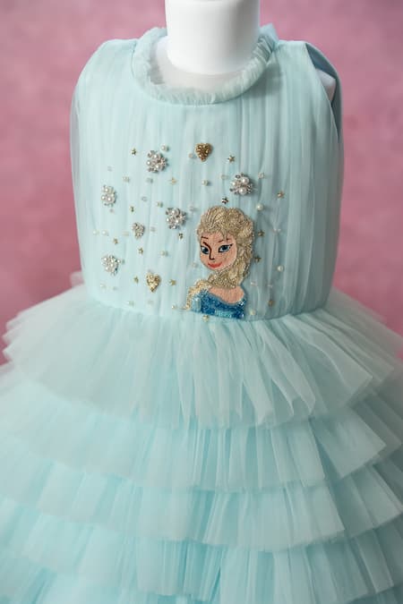 Ruchika Lath Label_Blue Net Embroidery, Beads, Pearls, Sequins, Bows Elsa Hand Ruffled Dress _at_Aza_Fashions