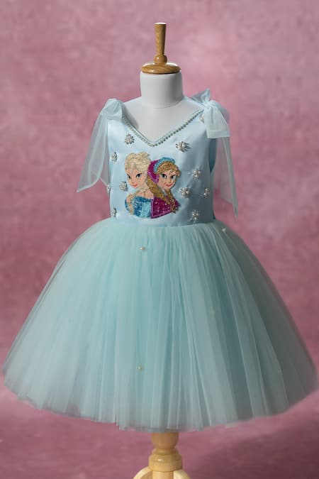 Ruchika Lath Label_Blue Satin, Net Beads, Pearls, Sequins, Bows Frozen Theme Embroidered Dress _Online_at_Aza_Fashions