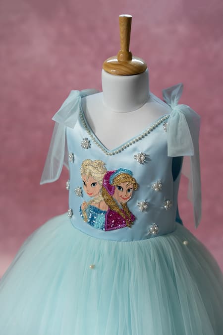 Shop_Ruchika Lath Label_Blue Satin, Net Beads, Pearls, Sequins, Bows Frozen Theme Embroidered Dress _Online_at_Aza_Fashions