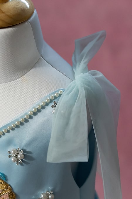 Ruchika Lath Label_Blue Satin, Net Beads, Pearls, Sequins, Bows Frozen Theme Embroidered Dress _at_Aza_Fashions