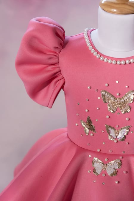 Ruchika Lath Label_Pink Embroidery, Sequins, Pearls Puff Sleeve Butterfly Dress _Online_at_Aza_Fashions