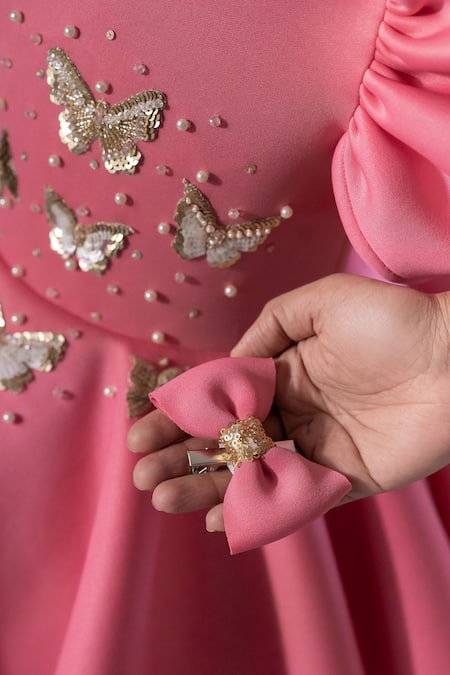 Buy_Ruchika Lath Label_Pink Embroidery, Sequins, Pearls Puff Sleeve Butterfly Dress _Online_at_Aza_Fashions