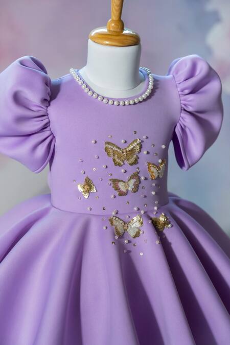 Ruchika Lath Label_Purple Embroidery, Sequins, Beads, Bows Puff Sleeve Butterfly Dress _Online_at_Aza_Fashions