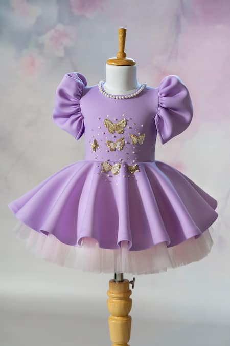 Buy_Ruchika Lath Label_Purple Embroidery, Sequins, Beads, Bows Puff Sleeve Butterfly Dress _Online_at_Aza_Fashions