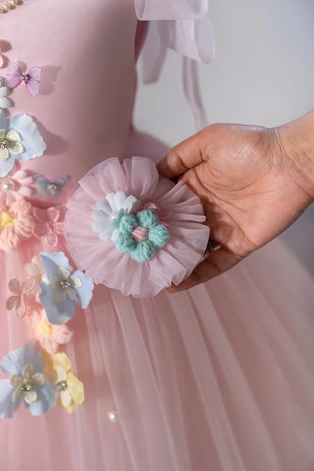 Ruchika Lath Label_Pink Satin, Net Applique, Pearls, Bows 3d Floral Embroidered Dress _Online_at_Aza_Fashions