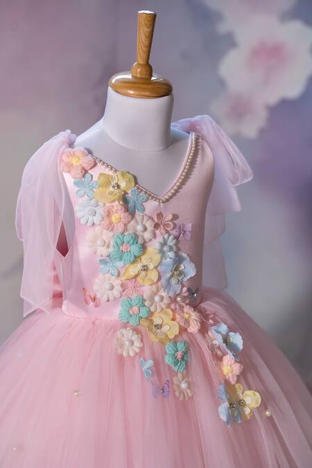 Buy_Ruchika Lath Label_Pink Satin, Net Applique, Pearls, Bows 3d Floral Embroidered Dress _Online_at_Aza_Fashions