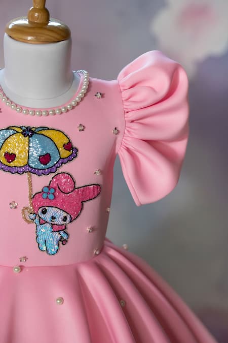 Ruchika Lath Label_Pink Sequins, Pearls, Bows Melody Theme Embroidered Puffed Sleeve Dress _Online_at_Aza_Fashions