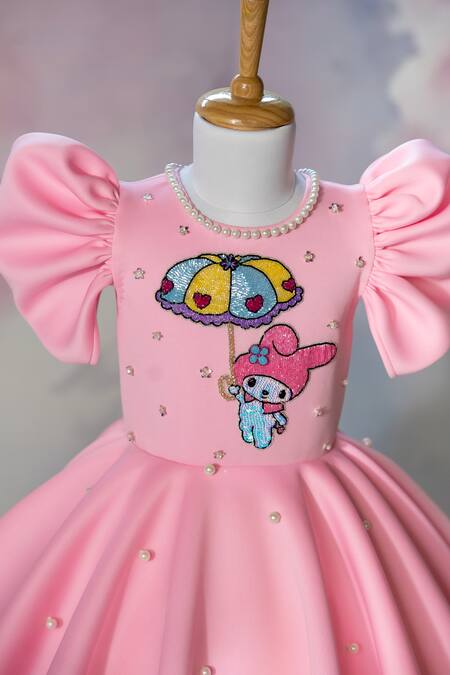 Buy_Ruchika Lath Label_Pink Sequins, Pearls, Bows Melody Theme Embroidered Puffed Sleeve Dress _Online_at_Aza_Fashions