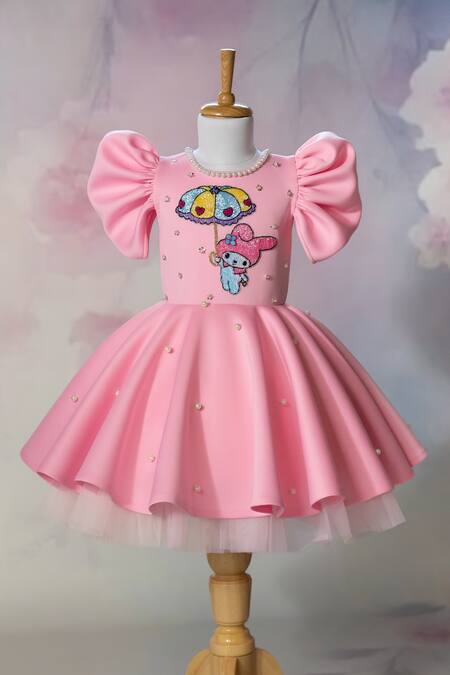 Shop_Ruchika Lath Label_Pink Sequins, Pearls, Bows Melody Theme Embroidered Puffed Sleeve Dress _Online_at_Aza_Fashions