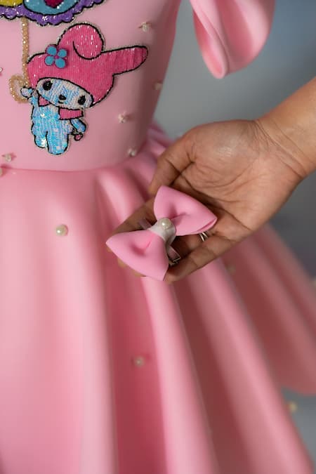 Ruchika Lath Label_Pink Sequins, Pearls, Bows Melody Theme Embroidered Puffed Sleeve Dress _at_Aza_Fashions