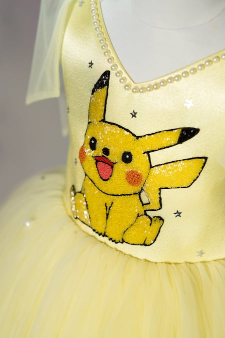 Shop_Ruchika Lath Label_Yellow Satin, Net Embroidery, Sequins, Pearls, Bows Pikachu Hand Kids Dress _Online_at_Aza_Fashions