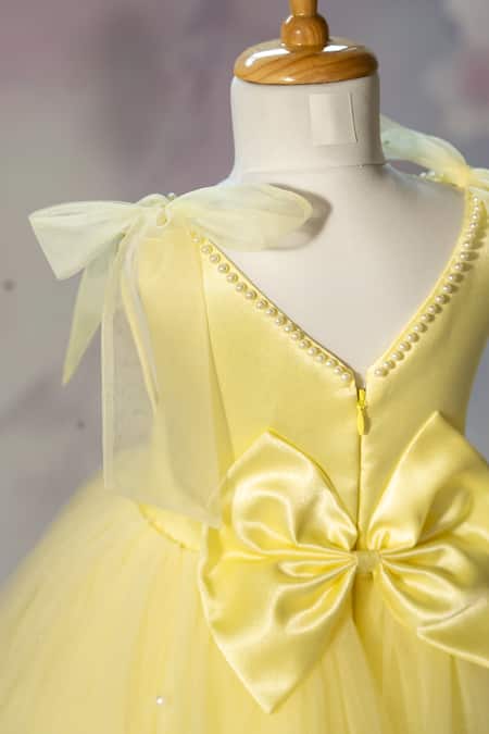 Buy_Ruchika Lath Label_Yellow Satin, Net Embroidery, Sequins, Pearls, Bows Pikachu Hand Kids Dress 