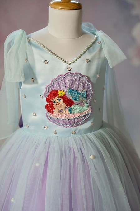 Buy_Ruchika Lath Label_Blue Satin, Net Embroidery, Pearls, Beads, Sequins, Mermaid Shell Hand Dress _Online_at_Aza_Fashions