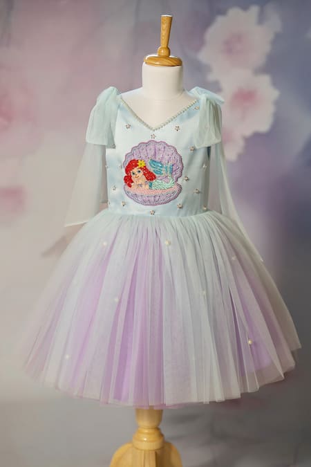 Shop_Ruchika Lath Label_Blue Satin, Net Embroidery, Pearls, Beads, Sequins, Mermaid Shell Hand Dress _Online_at_Aza_Fashions