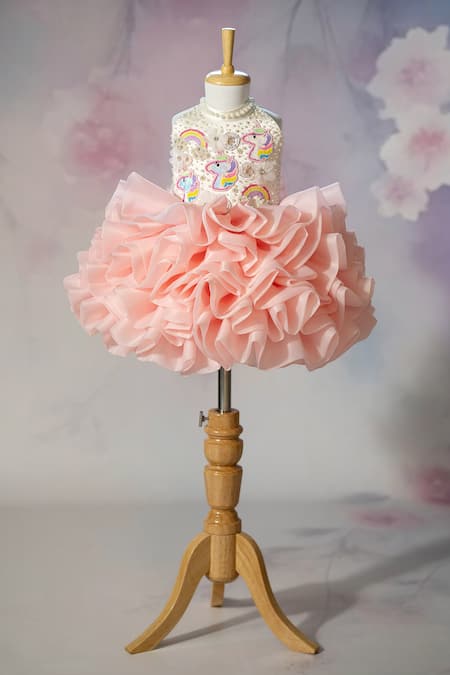 Ruchika Lath Label_Pink Organza Embroidery, Pearls, Sequins, Fabric Unicorn Hand Ruffled Dress _Online_at_Aza_Fashions
