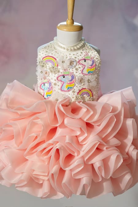 Buy_Ruchika Lath Label_Pink Organza Embroidery, Pearls, Sequins, Fabric Unicorn Hand Ruffled Dress _Online_at_Aza_Fashions