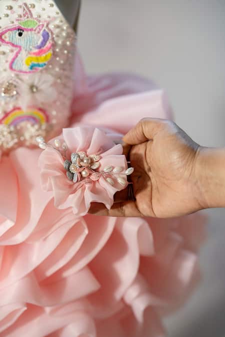 Shop_Ruchika Lath Label_Pink Organza Embroidery, Pearls, Sequins, Fabric Unicorn Hand Ruffled Dress _Online_at_Aza_Fashions