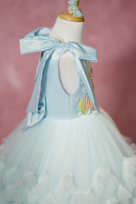 Ruchika Lath Label_Blue Satin, Net Beads, Sequins, Pearls, Mermaid And Under The Sea Hand Dress _Online_at_Aza_Fashions