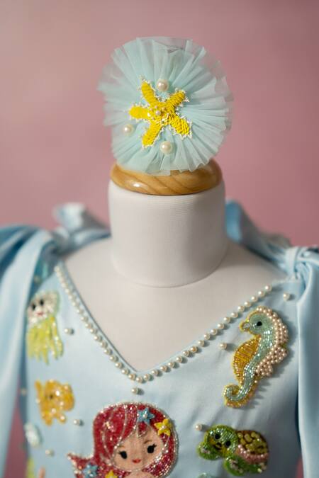 Buy_Ruchika Lath Label_Blue Satin, Net Beads, Sequins, Pearls, Mermaid And Under The Sea Hand Dress _Online_at_Aza_Fashions