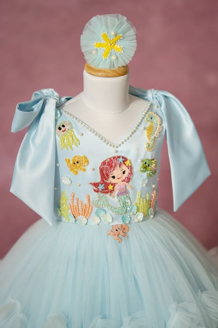 Shop_Ruchika Lath Label_Blue Satin, Net Beads, Sequins, Pearls, Mermaid And Under The Sea Hand Dress _Online_at_Aza_Fashions