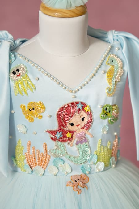 Shop_Ruchika Lath Label_Blue Satin, Net Beads, Sequins, Pearls, Mermaid And Under The Sea Hand Dress 