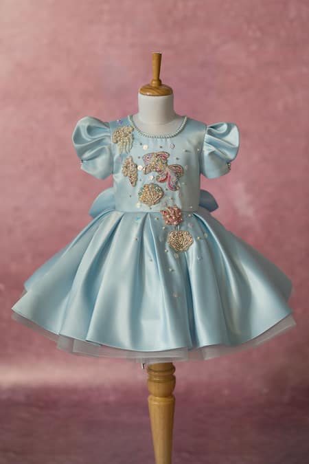 Shop_Ruchika Lath Label_Blue Satin Beads, Pearls, Sequins Under The Sea Hand Embroidered Dress _Online_at_Aza_Fashions