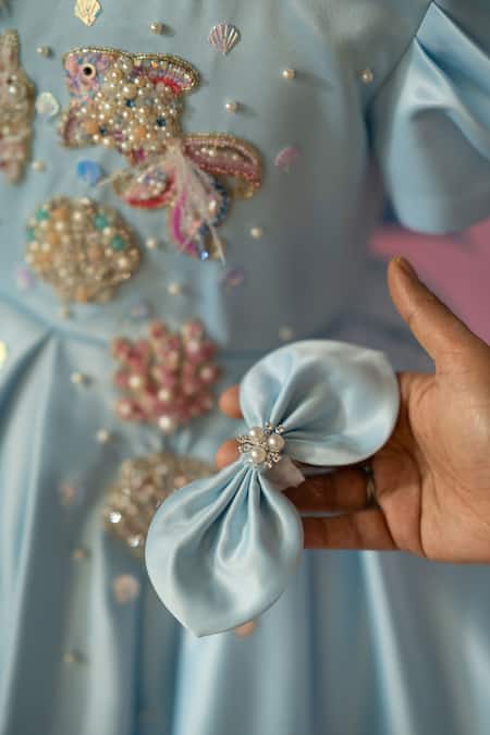 Ruchika Lath Label_Blue Satin Beads, Pearls, Sequins Under The Sea Hand Embroidered Dress _at_Aza_Fashions