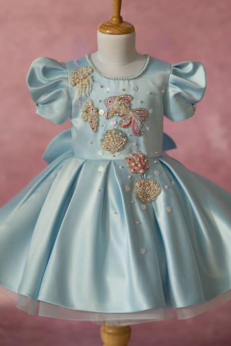 Buy_Ruchika Lath Label_Blue Satin Beads, Pearls, Sequins Under The Sea Hand Embroidered Dress 