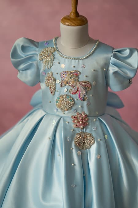 Shop_Ruchika Lath Label_Blue Satin Beads, Pearls, Sequins Under The Sea Hand Embroidered Dress 