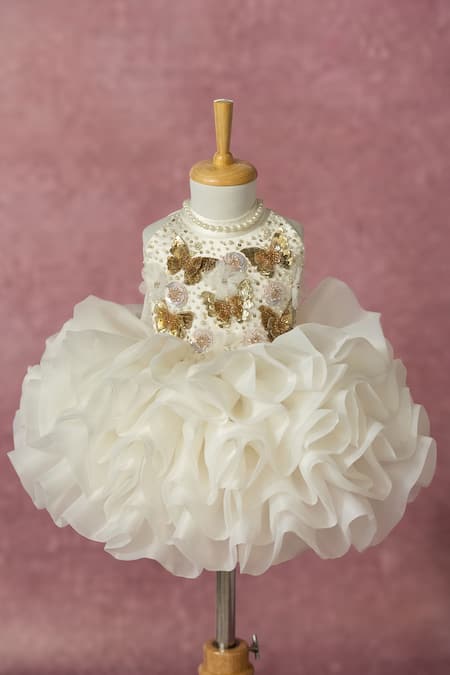Ruchika Lath Label_Off White Organza Applique, Sequins, Pearls, Fabric Flowers Ruffled Dress _Online_at_Aza_Fashions