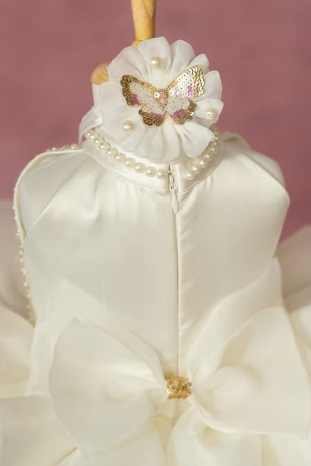 Buy_Ruchika Lath Label_Off White Organza Applique, Sequins, Pearls, Fabric Flowers Ruffled Dress _Online_at_Aza_Fashions