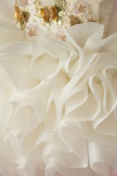 Ruchika Lath Label_Off White Organza Applique, Sequins, Pearls, Fabric Flowers Ruffled Dress _at_Aza_Fashions