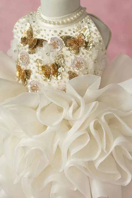Buy_Ruchika Lath Label_Off White Organza Applique, Sequins, Pearls, Fabric Flowers Ruffled Dress 