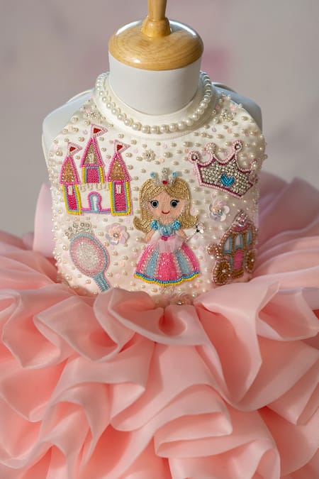 Shop_Ruchika Lath Label_Pink Organza Beads, Pearls, Sequins, Princess Theme Hand Ruffled Dress _Online_at_Aza_Fashions