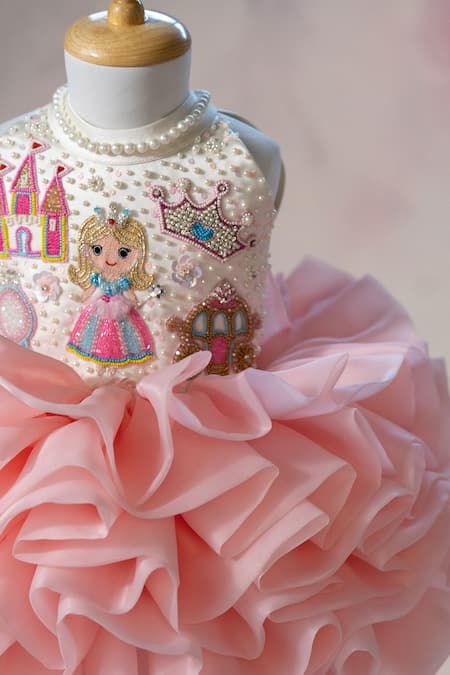 Ruchika Lath Label_Pink Organza Beads, Pearls, Sequins, Princess Theme Hand Ruffled Dress _at_Aza_Fashions