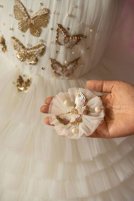 Ruchika Lath Label_Off White Net Embroidery, Sequins, Beads, Pearls Ruffled Butterfly Dress _Online_at_Aza_Fashions