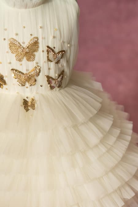Buy_Ruchika Lath Label_Off White Net Embroidery, Sequins, Beads, Pearls Ruffled Butterfly Dress _Online_at_Aza_Fashions
