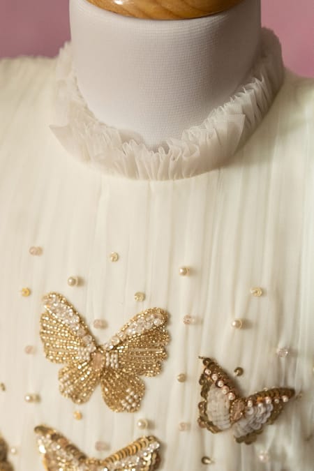 Ruchika Lath Label_Off White Net Embroidery, Sequins, Beads, Pearls Ruffled Butterfly Dress _at_Aza_Fashions