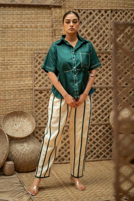 Vaani Beswal Gurleen Contrast Stitch Shirt & Striped Pant Set 