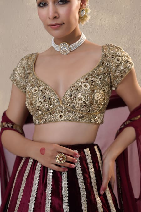 RICHA AHLUWALIA_Maroon Velvet, Silk Sequins, Zari, Embroidery Zardozi Lehenga Blouse And Cape _Online_at_Aza_Fashions