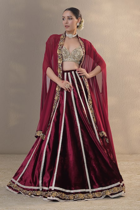 RICHA AHLUWALIA Zardozi Embroidered Velvet Lehenga Blouse & Cape 