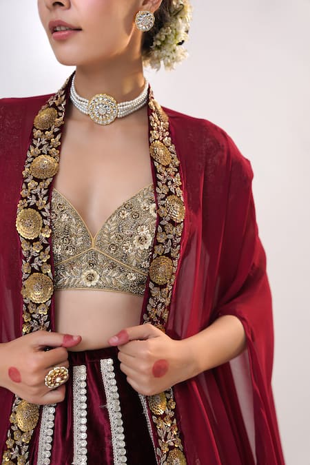 Buy_RICHA AHLUWALIA_Maroon Velvet, Silk Sequins, Zari, Embroidery Zardozi Lehenga Blouse And Cape _Online_at_Aza_Fashions