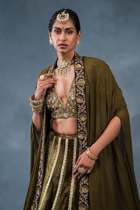 RICHA AHLUWALIA_Olive Green Velvet, Silk Sequins, Zari, Zardozi And Lehenga Set With Cape _Online_at_Aza_Fashions