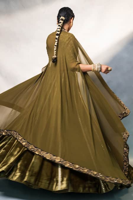 Buy_RICHA AHLUWALIA_Olive Green Velvet, Silk Sequins, Zari, Zardozi And Lehenga Set With Cape _Online_at_Aza_Fashions