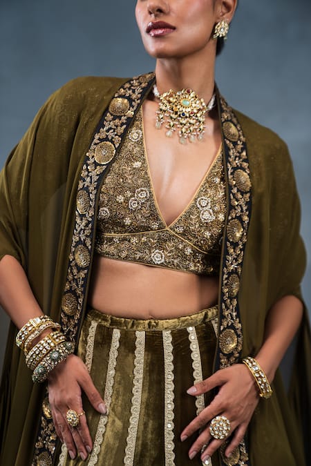 Shop_RICHA AHLUWALIA_Olive Green Velvet, Silk Sequins, Zari, Zardozi And Lehenga Set With Cape _Online_at_Aza_Fashions