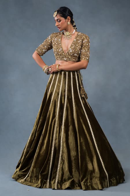 RICHA AHLUWALIA_Olive Green Velvet, Silk Sequins, Zari, Zardozi And Lehenga Set With Cape _at_Aza_Fashions