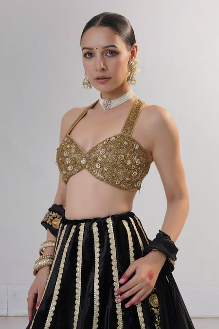 RICHA AHLUWALIA Black Velvet, Silk Sequins, Zari, Beads, Zardozi And Embroidered Lehenga Set Online at Aza Fashions RICHA AHLUWALIA_Black Velvet, Silk Sequins, Zari, Beads, Zardozi And Embroidered Lehenga Set _Online_at_Aza_Fashions