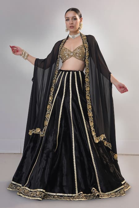 RICHA AHLUWALIA Velvet Zardozi & Sequin Embroidered Lehenga Set 