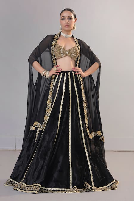 Buy RICHA AHLUWALIA Black Velvet, Silk Sequins, Zari, Beads, Zardozi And Embroidered Lehenga Set Online at Aza Fashions Buy_RICHA AHLUWALIA_Black Velvet, Silk Sequins, Zari, Beads, Zardozi And Embroidered Lehenga Set _Online_at_Aza_Fashions