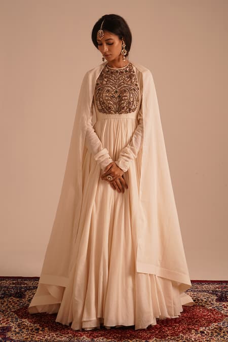 RICHA AHLUWALIA Ivory Chanderi , Cotton, Jewelry Yoke Hand Embroidered Anarkali Set 